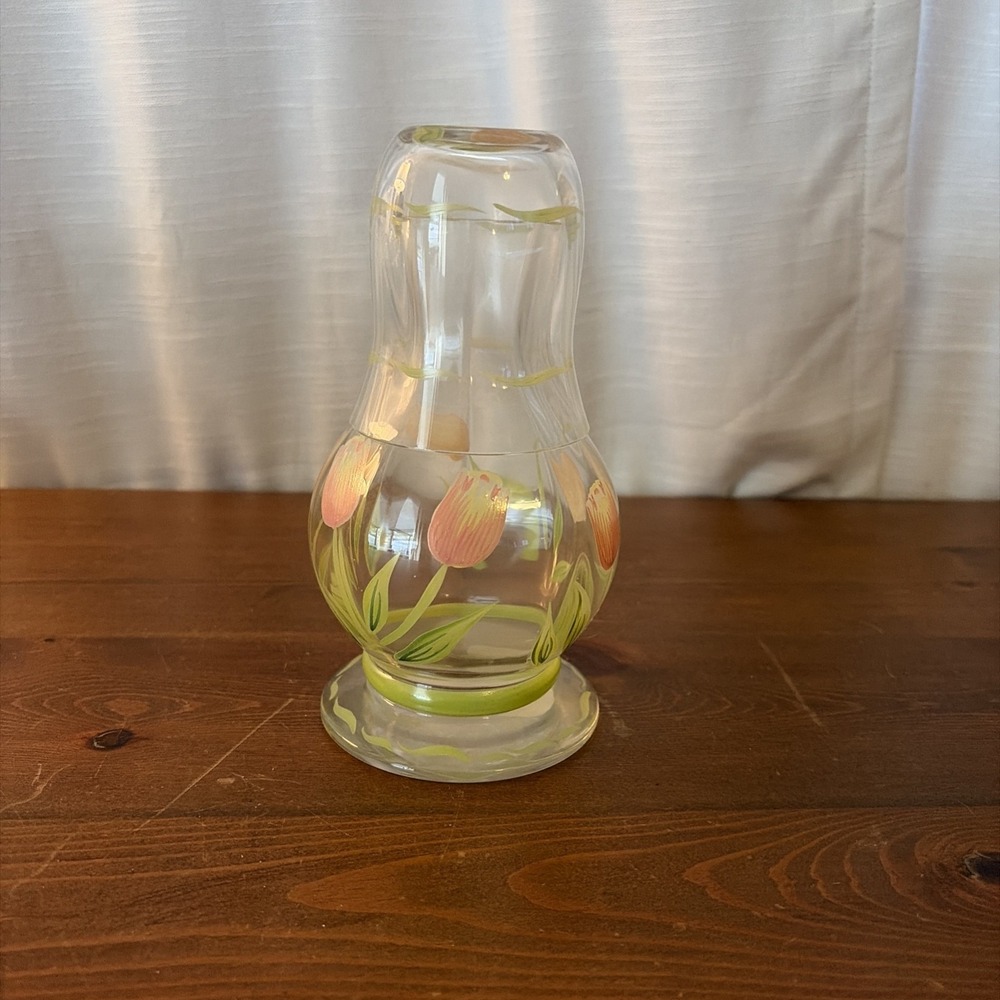Vintage Princess House Cottage Tulip Hand Painted Bedside Water Carafe Set Used